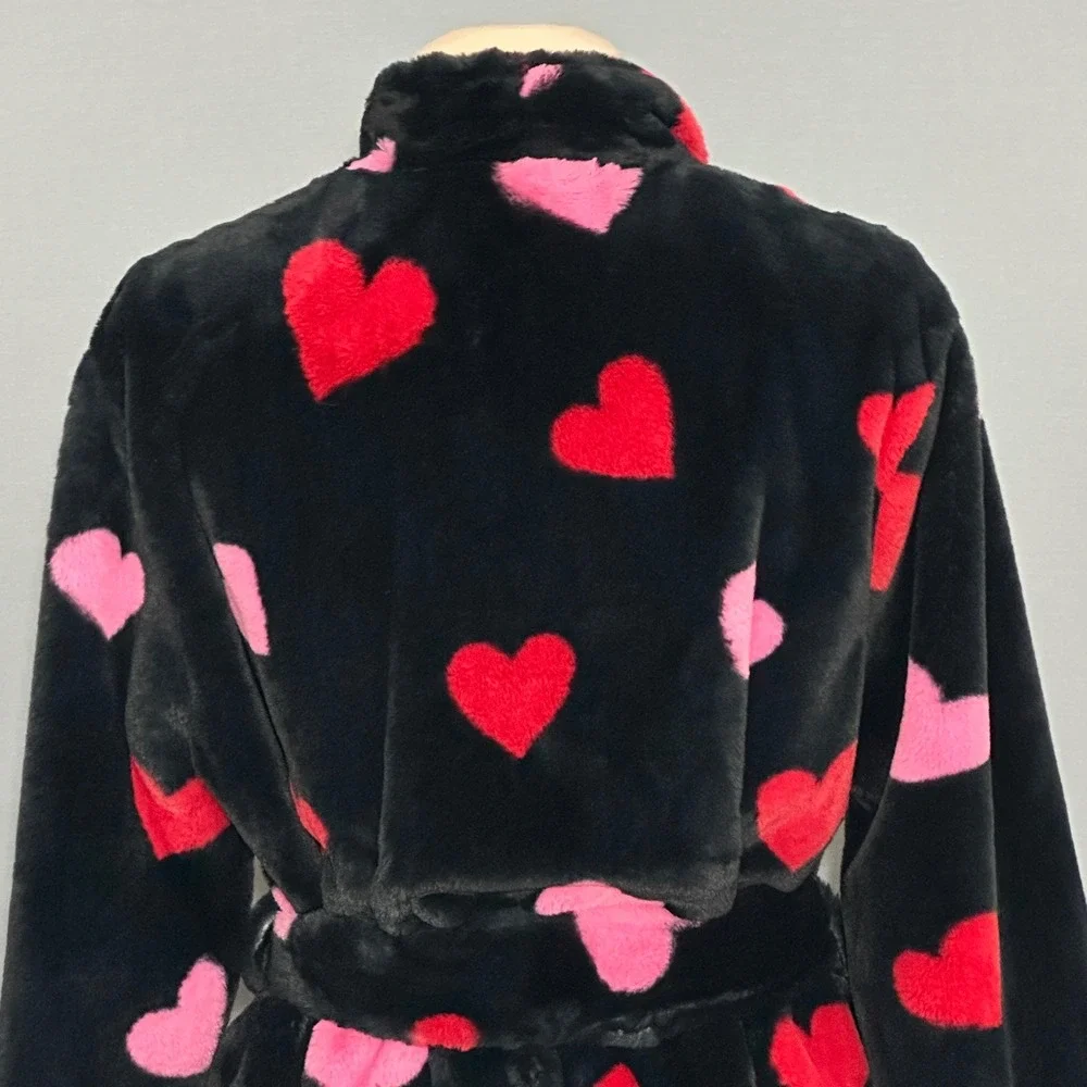 Kate Spade Womens Bathrobe M Black Plush Wrap Tie Red Pink Hearts Loungewear